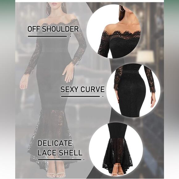 Mermaid Dress Long Off shoulder Black Lace Dress Size Large - Picture 2 of 6